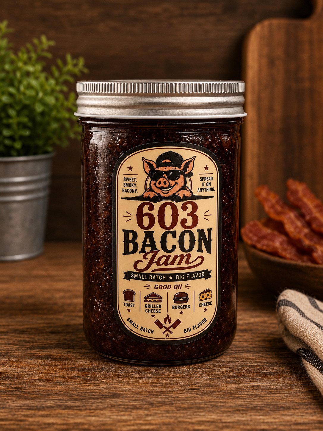 A jar of 603 Bacon Jam on a wooden board with crispy bacon